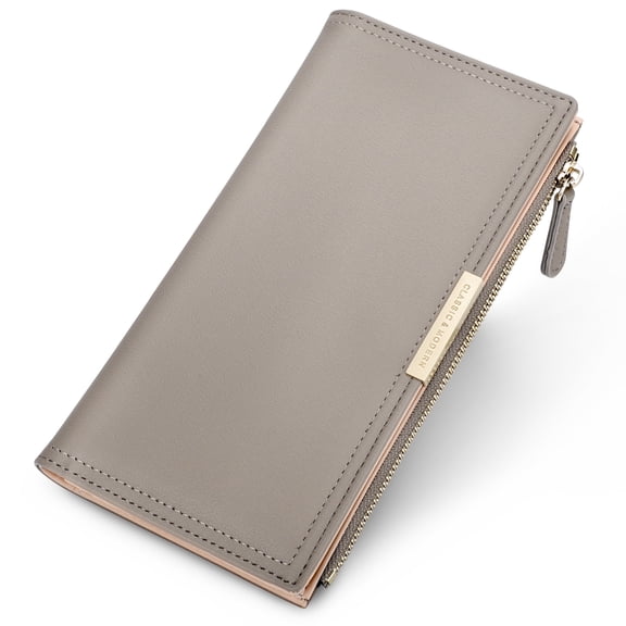 Slim PU Leather Wallet for Women,Bifold Long Credit Card Holder with Zipper Pocket,Gray
