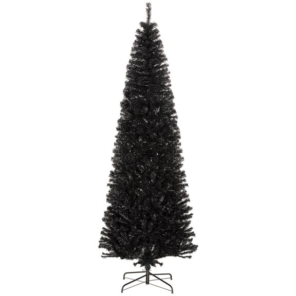 Slim Pencil Christmas Tree 8ft Unlit Artificial Douglas Fir with 1168 Tips, Black Plastic Xmas Tree for Small Spaces