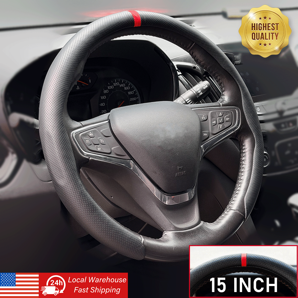Slim Perforated Nappa Leather Steering Wheel Cover Ultra-Thin Design, Breathable, Non-Slip for Comfortable Grip - Universal Fit for 14.5-15 Inch Wheels
