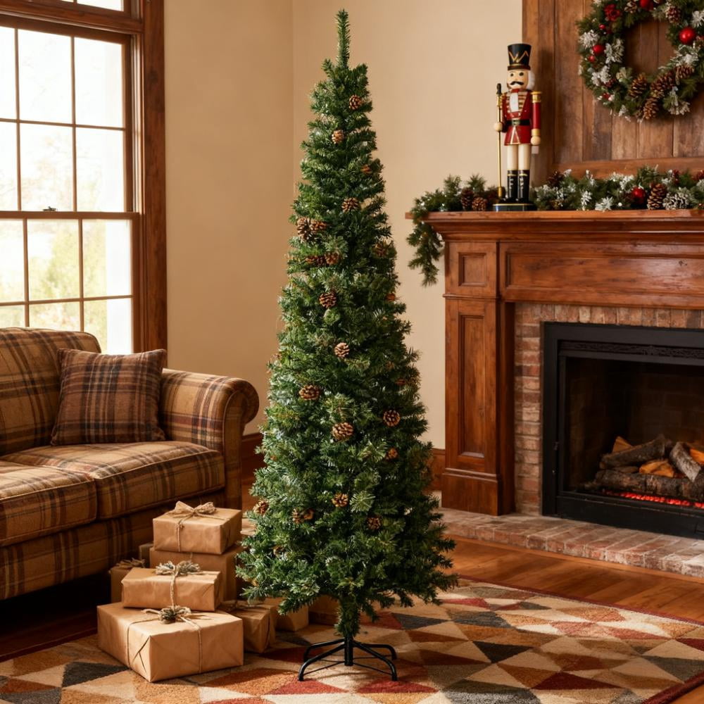 Slim Pine Needles Xmas Tree, 7.5 Foot Pencil Artificial Christmas Tree with Realistic Branches