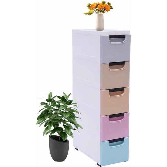 Slim Plastic Drawers Dresser with 5 Drawers, Narrow Plastic Tower Organizer with Wheels for Small Spaces Apartments Condos Dorm Rooms, 7.87 * 15.75 * 33.07in (Colorful)