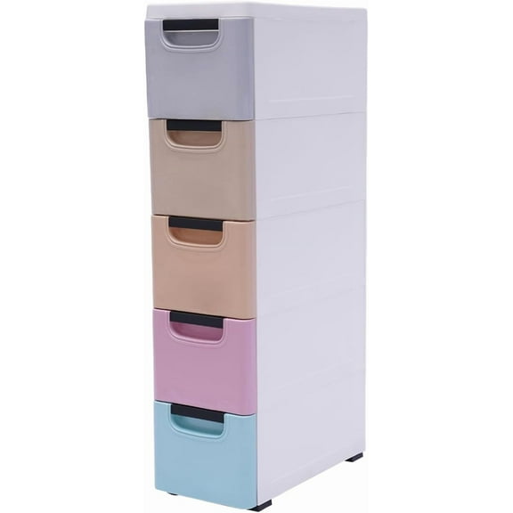 Slim Plastic Drawers Dresser with 5 Drawers, Narrow Plastic Tower Organizer with Wheels for Small Spaces Apartments Condos Dorm Rooms, 7.87 * 15.75 * 33.07in (Colorful)