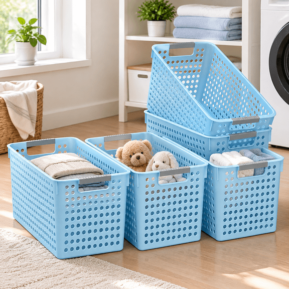 Slim Plastic Storage Basket with Handles, Narrow Organizer box for Shelves, Organizer box for Organizing, Kitchen, Home, Office (Blue, Large)
