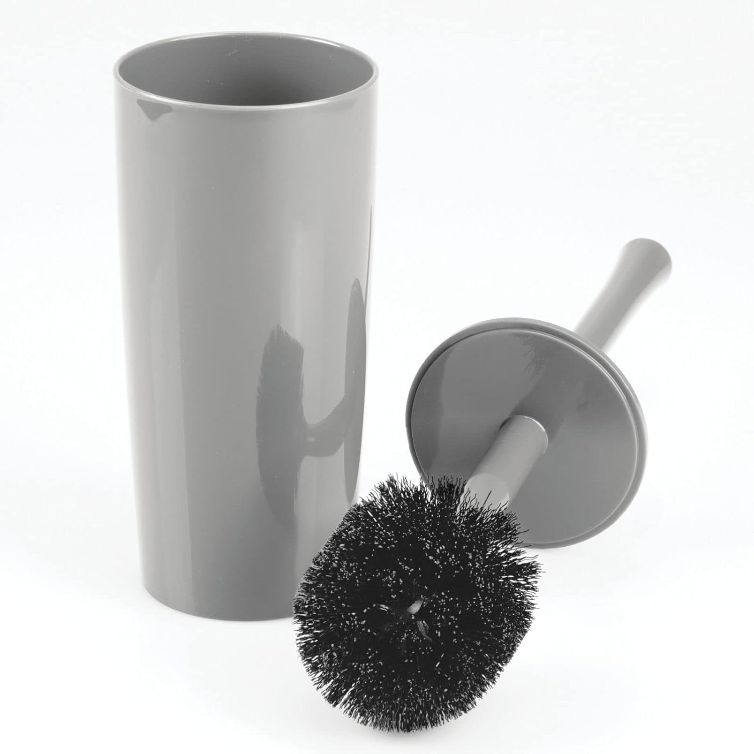 Slim Plastic Toilet Bowl Brush and Holder Set, Modern Compact Storage Organizer Cleaner Scrubber for Toilet - Heavy Duty Cleaning Plunger for Bathroom, Aura Collection - Gray