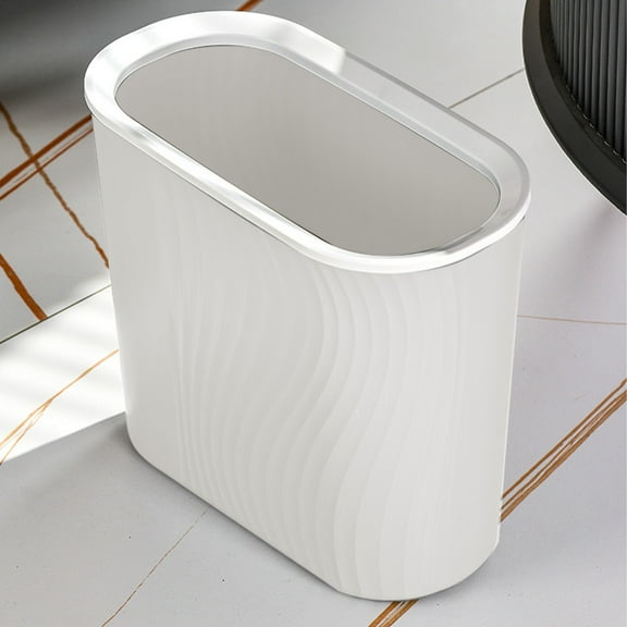 Slim Plastic Trash Can, 4-Gallon Striped Wastebasket for Bathroom, Kitchen & Office, Space-Saving Design with Bag Retainer Ring,White