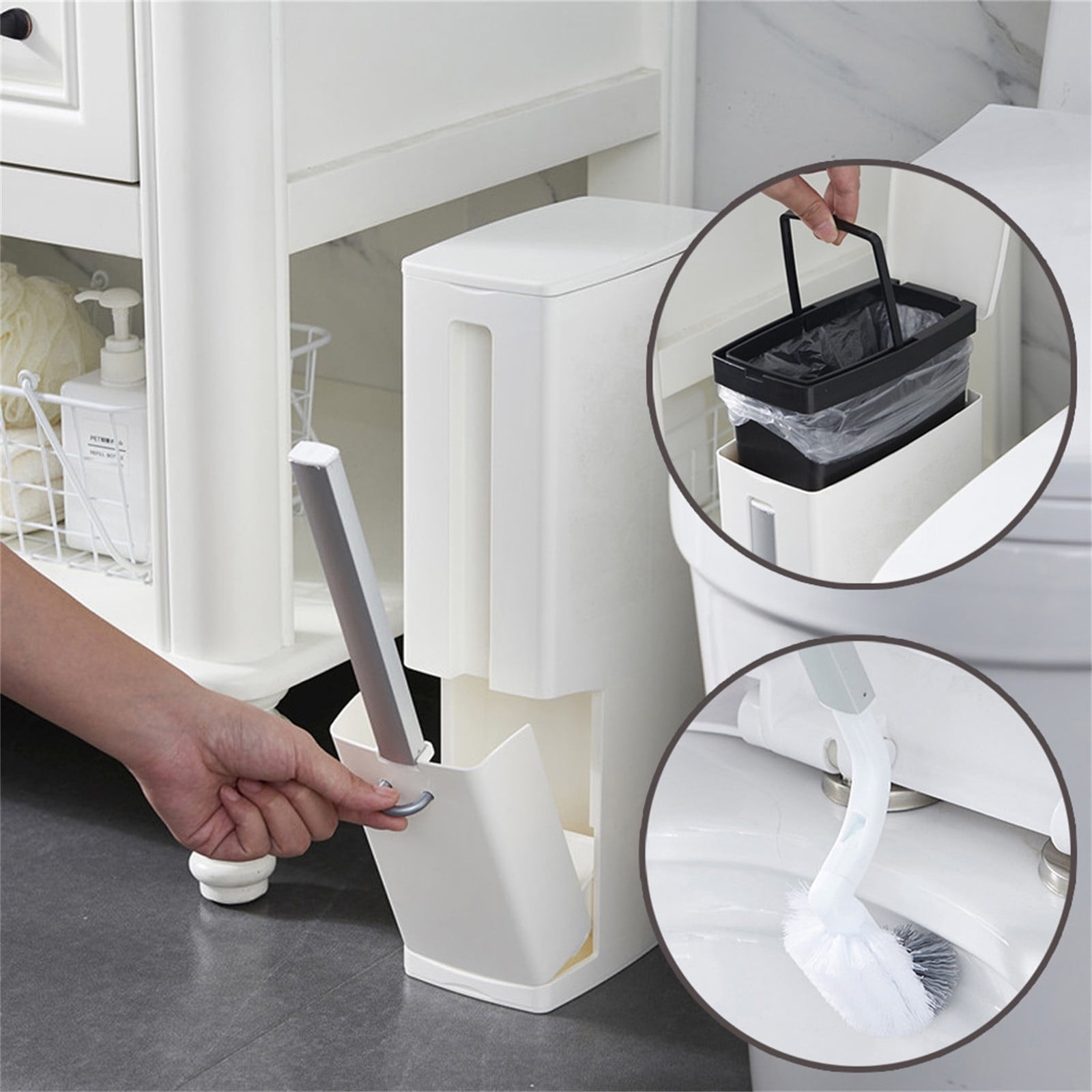 Slim Plastic Trash Can with Toilet Brush Holder, Compact Garbage Can for Bathroom - Easy to ...