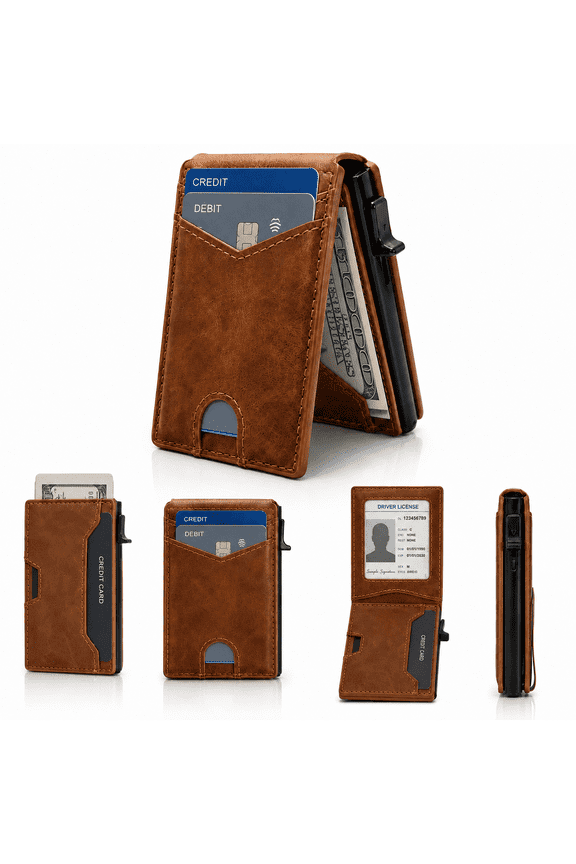 Slim Pop-Up Wallet for Men, RFID Blocking Aluminum Card Holder with Side Button Access and Cash Slot, Brown