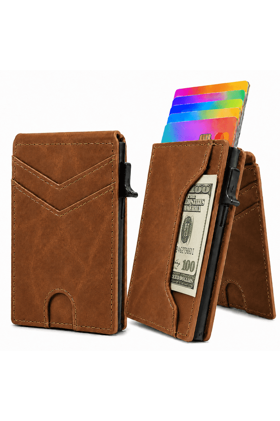 Slim Pop-Up Wallet for Men, RFID Blocking Aluminum Card Holder with Side Button Access and Cash Slot, Brown