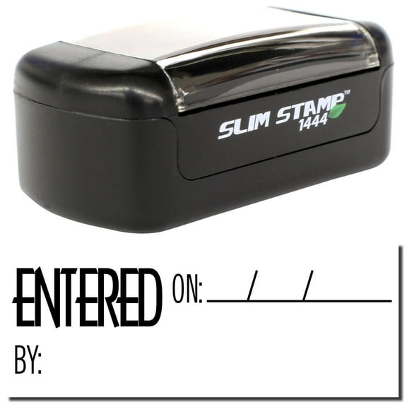 Slim Pre-Inked Entered On Stamp, Slim 1444, Ultra Slim Design, Impression Size 1/2" by 1-3/4", Up to 25,000 Impressions - Black Ink