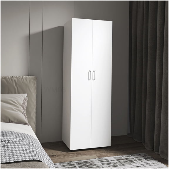 Slim Profile Armoire with Hanging Rod, White Finish for Closet Organization