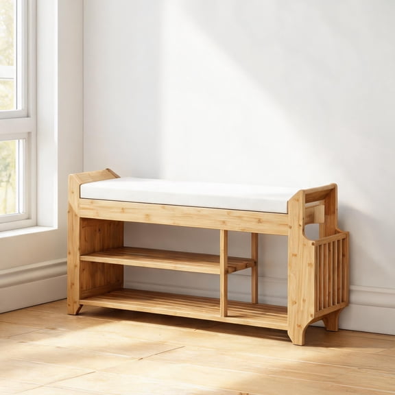 Slim Profile Storage Bench, Entryway Shoe Storage Seating, Soft Beige Natural Bamboo, Narrow Space Compatible
