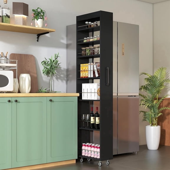 Slim Pull-Out Kitchen Cart with 7 Tiers, Narrow Rolling Storage Cabinet for Next to Fridge, Tall 7-Tier Organizer Rack with Black Handles & Wheels Black