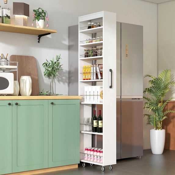 Slim Pull-Out Kitchen Cart with 7 Tiers, Narrow Rolling Storage Cabinet for Next to Fridge, Tall 7-Tier Organizer Rack with Black Handles & Wheels White