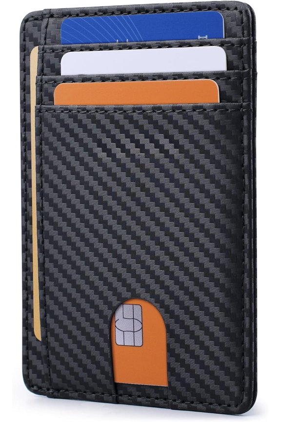Slim RFID Blocking Wallet, Minimalist Carbon Fiber Front Pocket Leather Card Holder for Men Women, Black