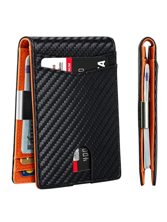 Slim RFID Blocking Wallet for Men, Carbon Fiber Leather 12 Slots Cardholder with Clip, Black Orange