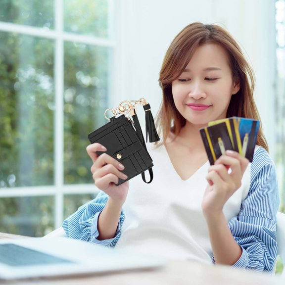 Slim RFID Clip Wallet for Women Men Lightweight Secure Credit Card Holder with Tassel Keychain and Multiple Card Slots