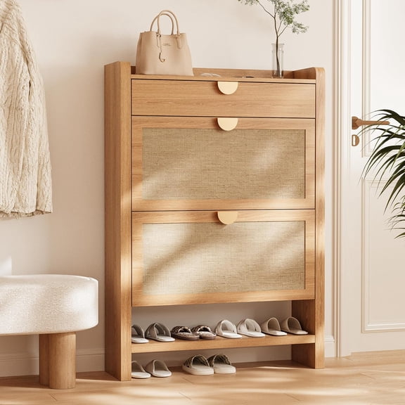 Slim Rattan Shoe Storage Cabinet, Freestanding Hidden Footwear Organizer Rack Holder With Two Flip Drawers And Top Fence For Entryway Hallway Closet, Boho Modern Style, Natural Oak