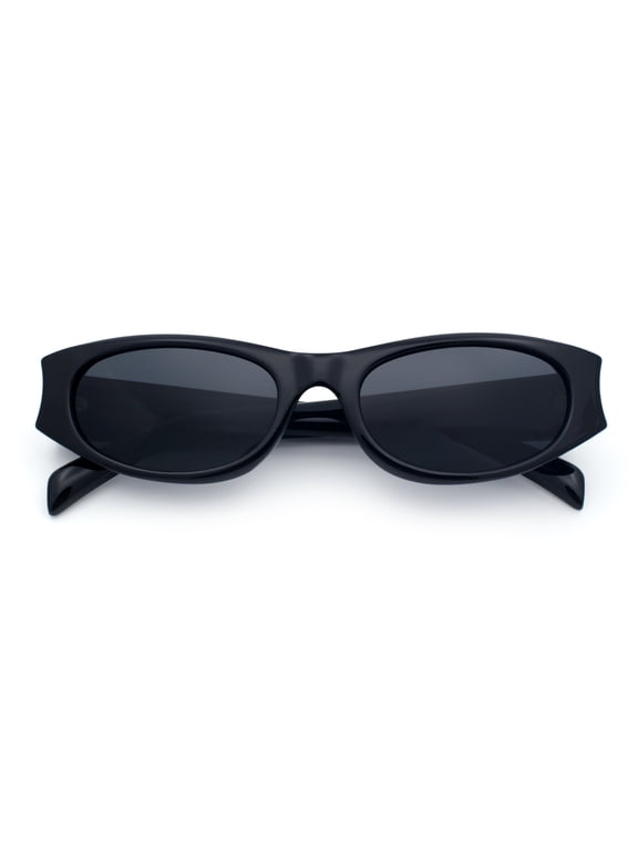 Slim Rectangle Sunglasses Narrow Small Frame Chunky Arm Retro 90s Y2K UV400 Black Frame - Black Lens