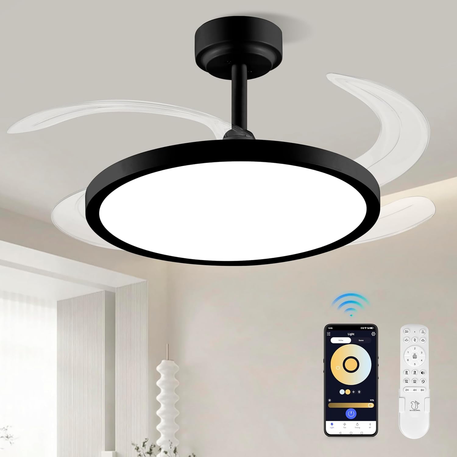 Slim Retractable Ceiling Fan with Lights and Remote/APP Control,6 Speed ...