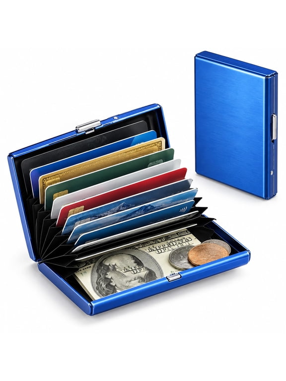 Slim Rfid Blocking Stainless Steel Metal Card Holder Wallet For Men & Women, 10-Slot Capacity; Holds Credit Cards, Cash & IDs; Durable; Perfect for Travel & Everyday Use