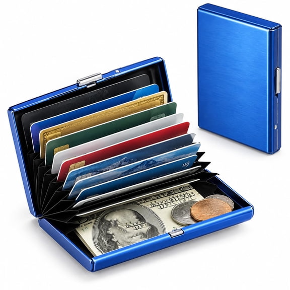 Slim Rfid Blocking Stainless Steel Metal Card Holder Wallet For Men & Women, 10-Slot Capacity; Holds Credit Cards, Cash & IDs, Durable, Perfect for Travel & Everyday Use