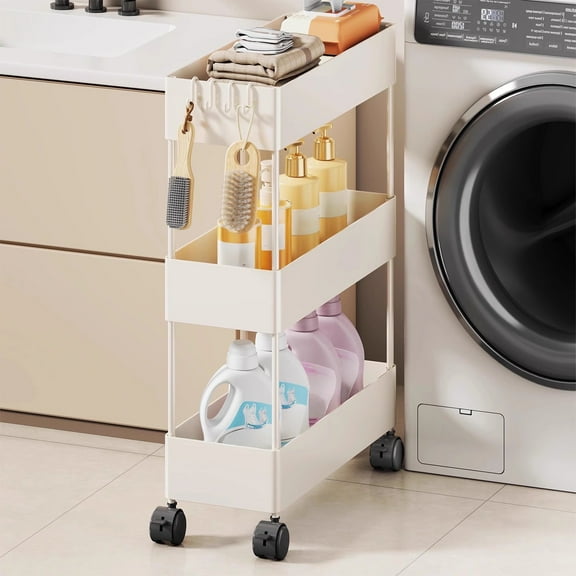 Slim Rolling Bathroom Laundry Room Storage Cart on Wheels, 3-Tier Plastic Shelf Organizer, Space-Saving 4.7in Wide Rack with Side Hooks, Black or White