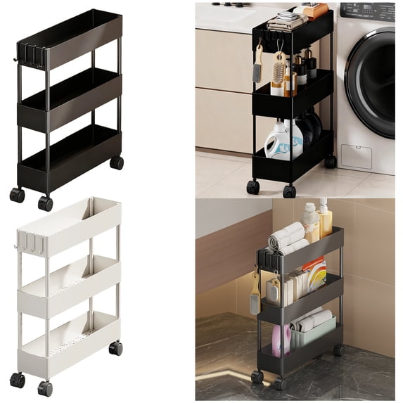 Slim Rolling Bathroom Laundry Room Storage Cart on Wheels, 3-Tier Plastic Shelf Organizer, Space-Saving 4.7in Wide Rack with Side Hooks, Black or White