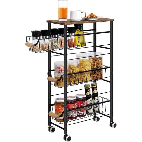 Slim Rolling Cart, 4-Tier Narrow Storage Cart Kitchen Bathroom Utility Organizer Pull-Out Metal Wire Baskets, Wooden Tabletop & Lockable Wheels Narrow Space, Mobile Shelving Unit Laundry Room