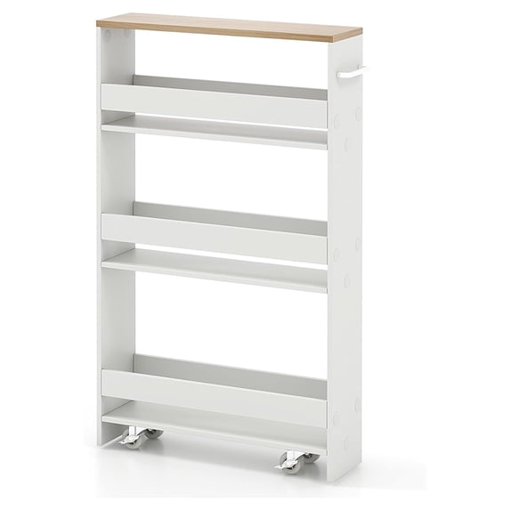 Slim Rolling Cart, 4-Tier Storage Cart with Handle, Spice Rack on Wheels Next to Fridge, Laundry Room Cart Between Washer and Dryer, Narrow Kitchen Cart for Small Spaces (White & Natural)