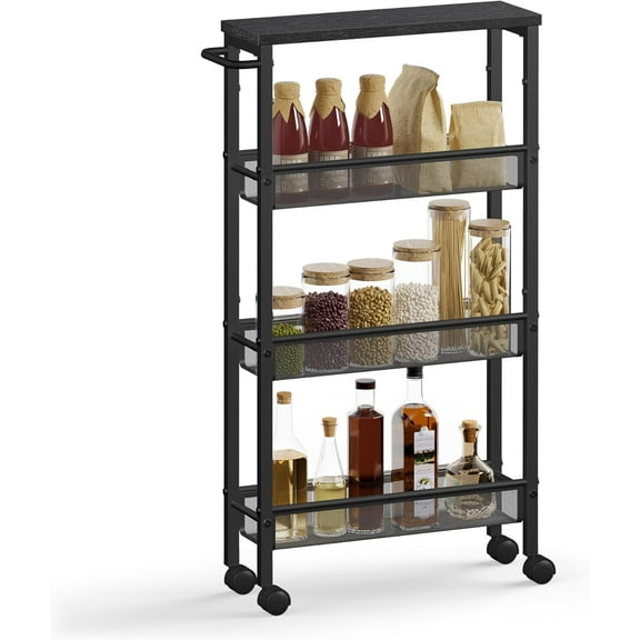 Slim Rolling Cart, 4-Tier Storage Cart, Narrow Cart with Handle, 5.1 Inches Deep, Metal Frame, for Kitchen, Dining Room, Living Room, Home Office,Ebony Black + Classic Black