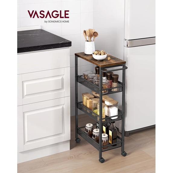 Slim Rolling Cart, 4-Tier Storage Cart, Narrow Cart with Handle, 8.7 Inches Deep, Metal Frame, for Kitchen, Dining Room, Living Room, Home Office, Rustic Brown and Classic Black