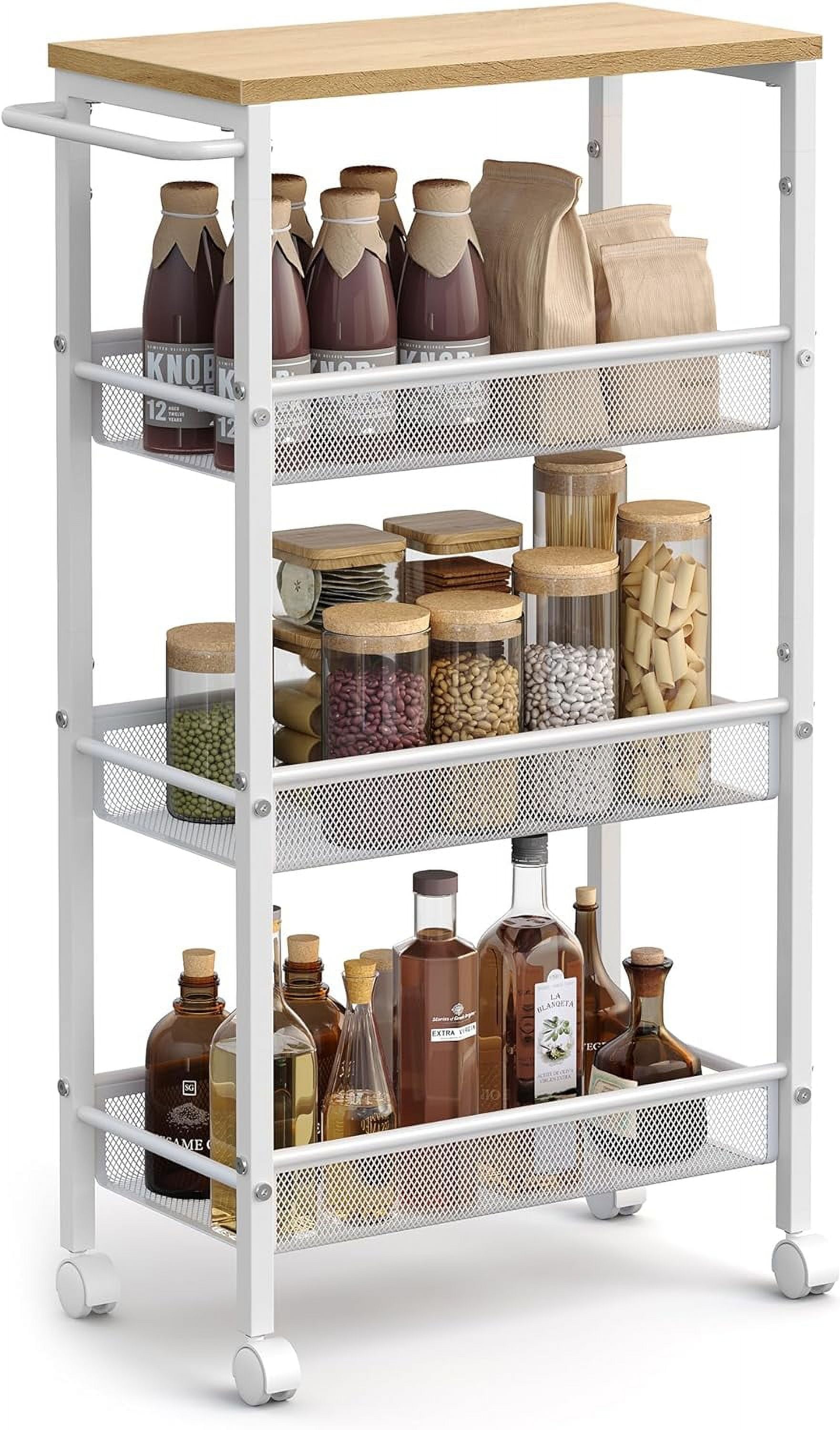 Slim White and Oak 4-Tier Rolling Kitchen Cart with Storage