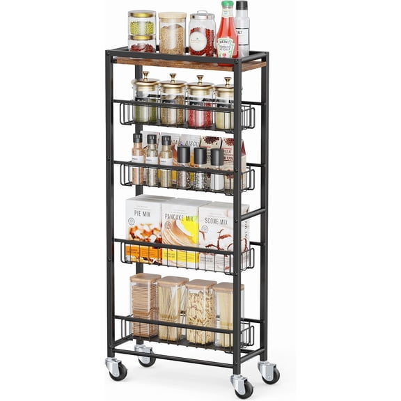 Slim Rolling Cart Kitchen Utility Cart, Narrow Kitchen Cabinet with 4 Pull-Out Baskets - Versatile Rolling Storage Cart for Spices, Pantry & Bathroom Organization (Dark Black)