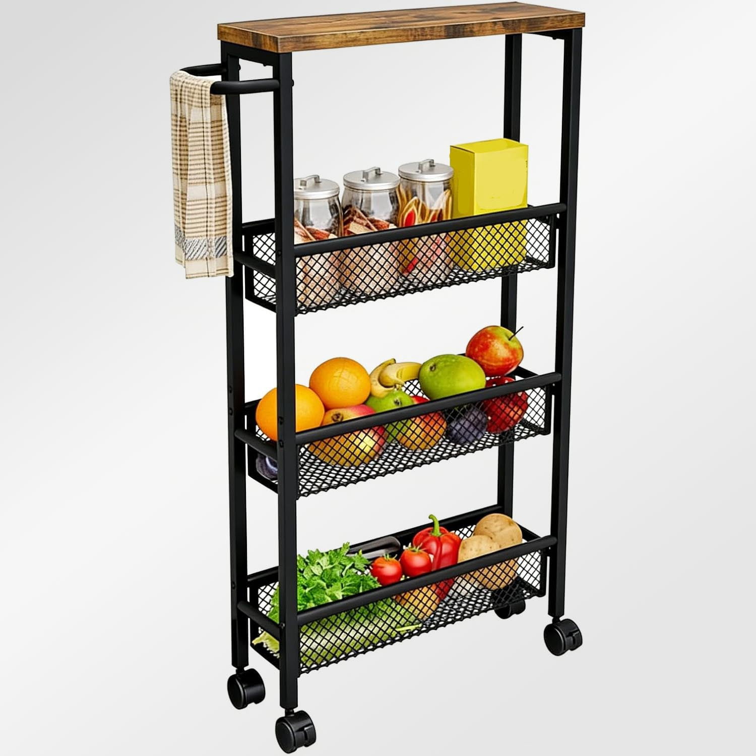 Slim Rolling Cart Narrow Storage Cart on Wheels with MDF Board Top and ...