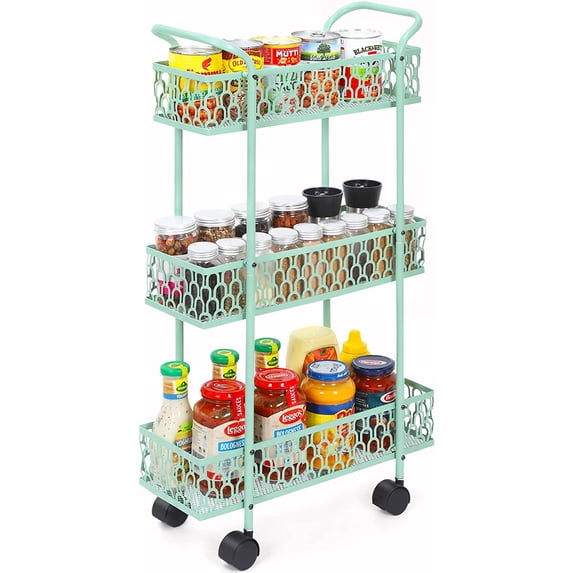 Oumilen Slim Rolling Storage Cart, 3 Tier Bathroom Organizer, Shelving Utility Cart, Green