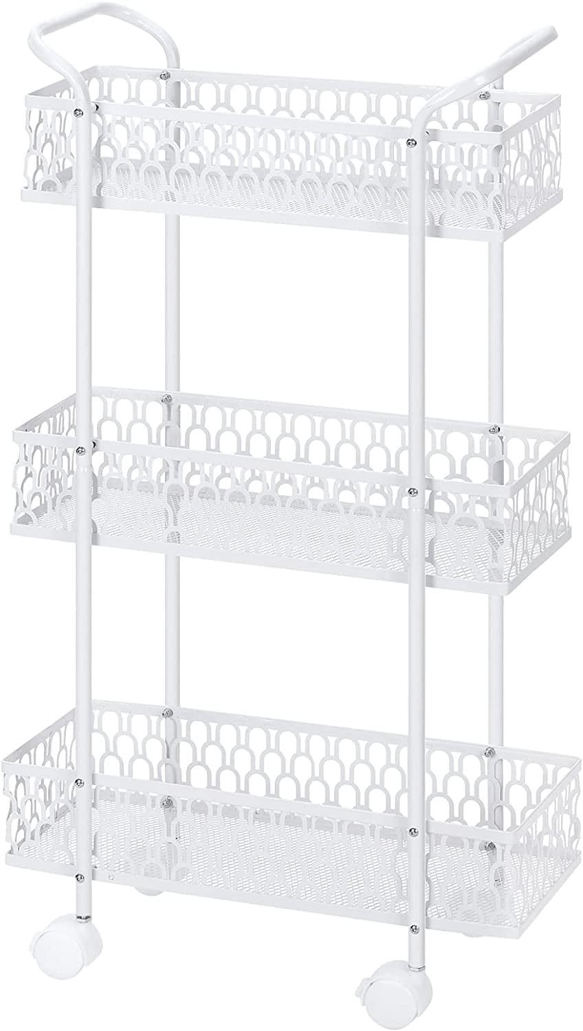 Oumilen Slim Rolling Storage Cart, 3 Tier Bathroom Organizer, Shelving Utility Cart, White