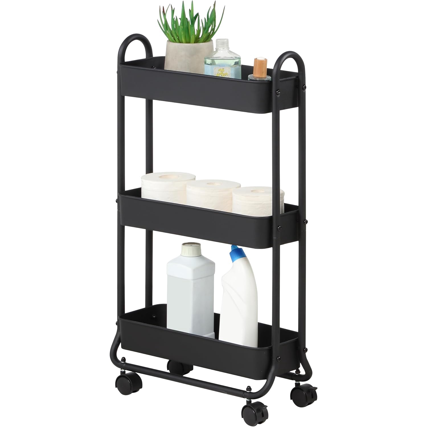 Slim Rolling Storage Cart, 3 Tier Bathroom Storage Organizer Bathroom ...