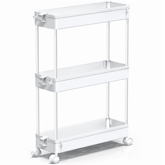 Movanne Slim 3-Tier Rolling Storage Cart, Mobile Utility Organizer for Bathroom, Kitchen, Laundry, Office – White