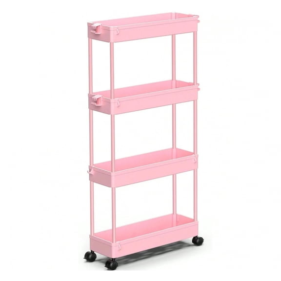    Slim Rolling Storage Cart 4 Tier Bathroom Organizer Mobile Shelving Unit Utility Cart Tower Rack For Kitchen Laundry Narrow Places,Pink
