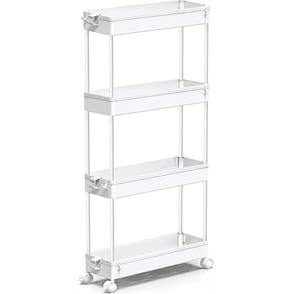 Slim Rolling Storage Cart 4 Tier Bathroom Organizer Mobile Shelving Unit Utility Cart Tower Rack for Kitchen Laundry Narrow Places, White