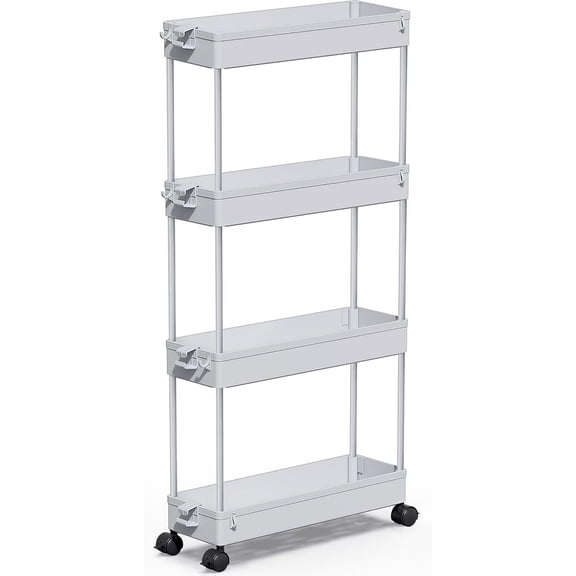 Slim Rolling Storage Cart 4 Tier Bathroom Organizer Mobile Shelving Unit Utility Cart Tower Rack for Kitchen Laundry Narrow Places, White