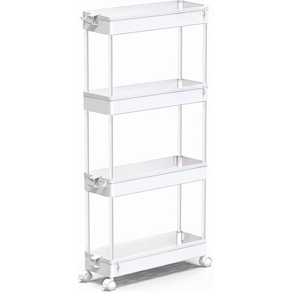 Slim Rolling Storage Cart 4 Tier Bathroom Organizer Mobile Shelving Unit Utility Tower Rack for Kitchen Laundry Narrow Places, White