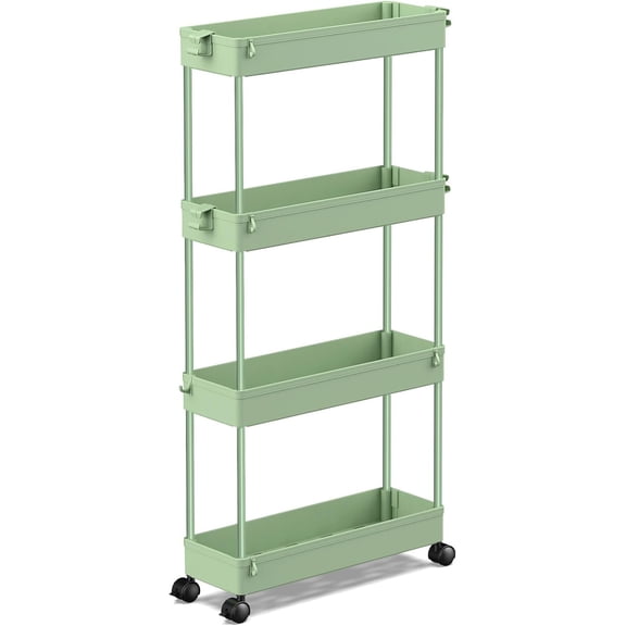 Slim Rolling Storage Cart 4 Tier Bathroom Organizer Utility Mobile Shelving Unit Tower Rack for Kitchen, Laundry Room, Bathroom, Narrow Places, Green