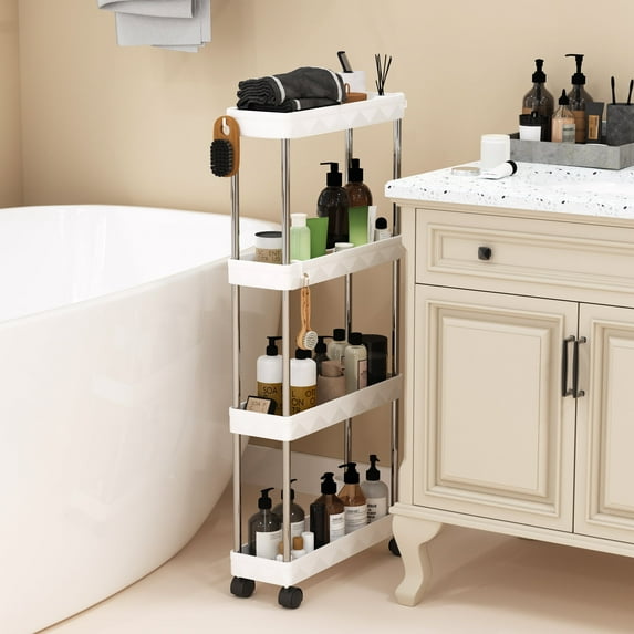 Slim Rolling Storage Cart 4 Tier, Bathroom Organizers and storage, Mobile bathroom Shelving Unit Utility, Suit for Office, Bathroom, Kitchen, Narrow Places & laundry room organization,White