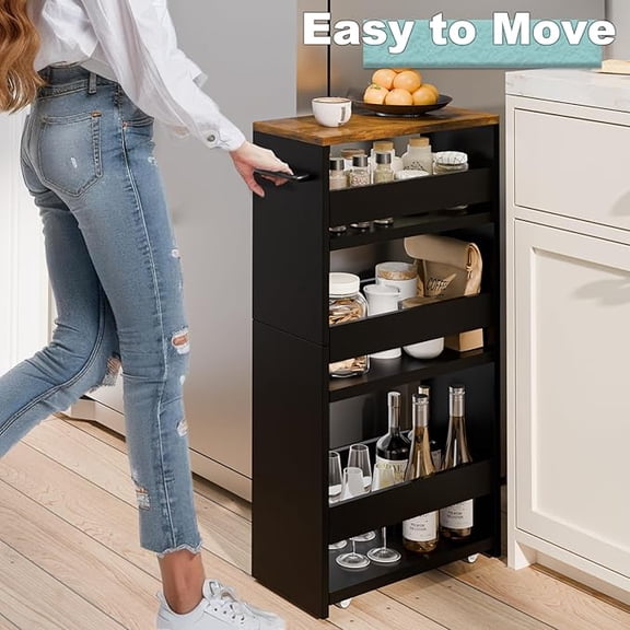 Slim Rolling Storage Cart 4-Tier Kitchen Cart with Wheels, Laundry Room Storage with Handle Slide Out Utility Cart Shelving Unit Organizer Trolley for Narrow Places Bathroom Small Corner, Black