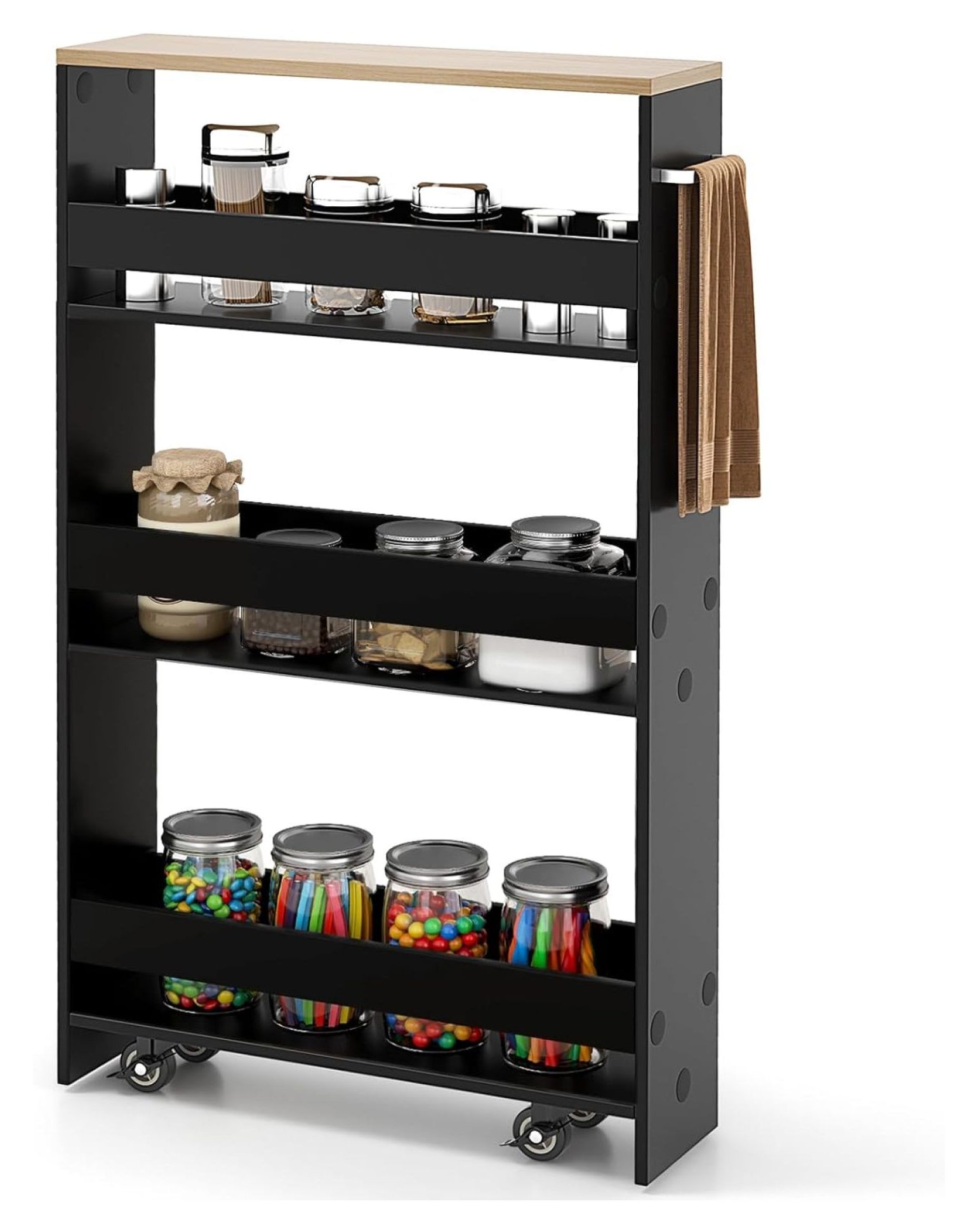 Slim Rolling Storage Cart, 4Tier Kitchen Utility Carts on Wheels, Wood