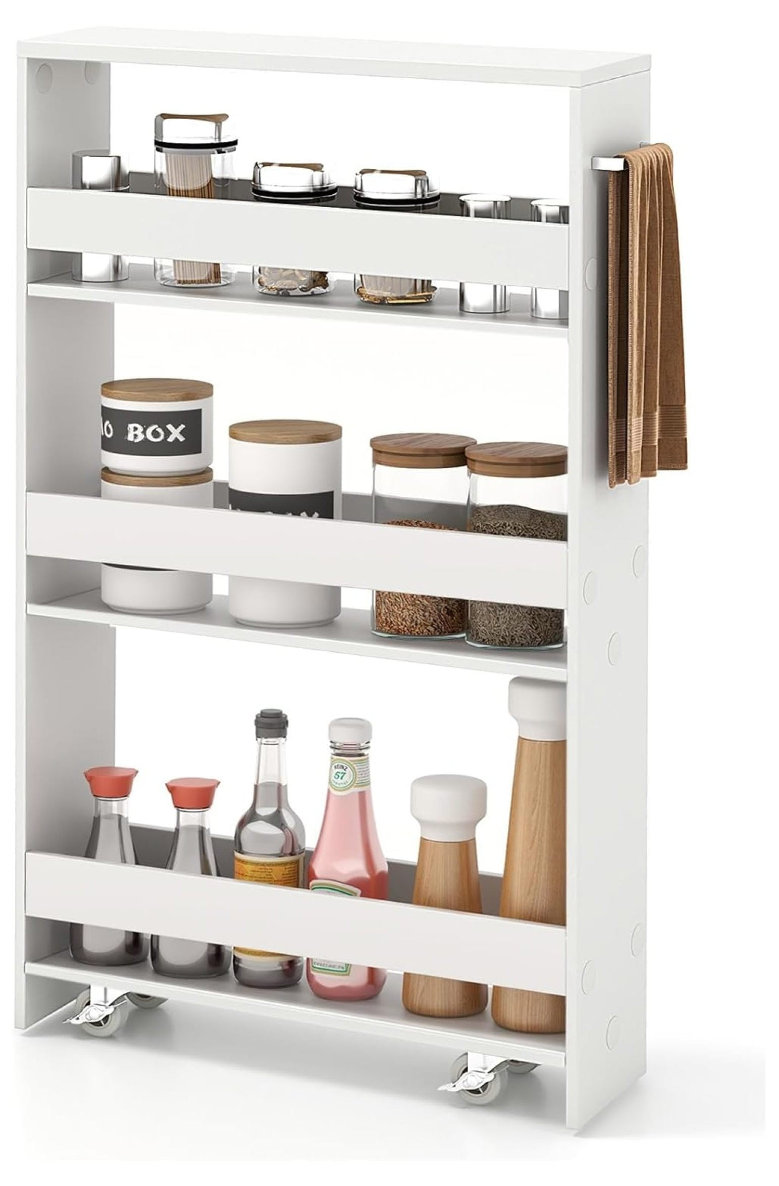 Slim Rolling Storage Cart, 4Tier Kitchen Utility Carts on Wheels, Wood