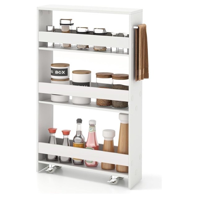 Slim Rolling Storage Cart, 4Tier Kitchen Utility Carts on Wheels, Wood