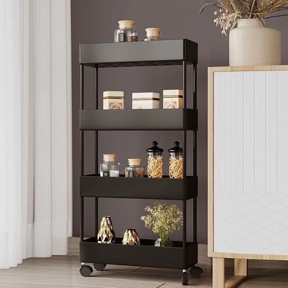 Slim Rolling Storage Cart 4 Tier – Narrow Bathroom and Laundry Room Organizer on Wheels, Mobile Plastic Shelving Unit for Small Spaces, Kitchen, RV and Dorm