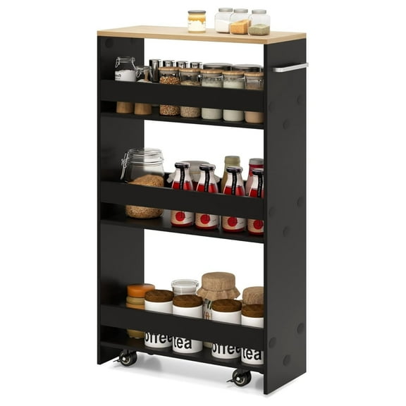 Slim Rolling Storage Cart, 4 Tier Narrow Kitchen Cart with Wheels, Between Washer and Dryer Cart, Wood Shelving Unit Organizer w/Handle for Small Spaces (Black, 8-inch)